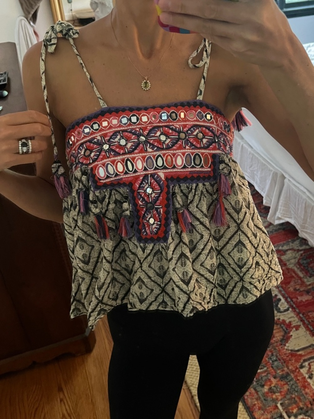 RAGA Cream and Red Embroidered Tie-Shoulder Camisole